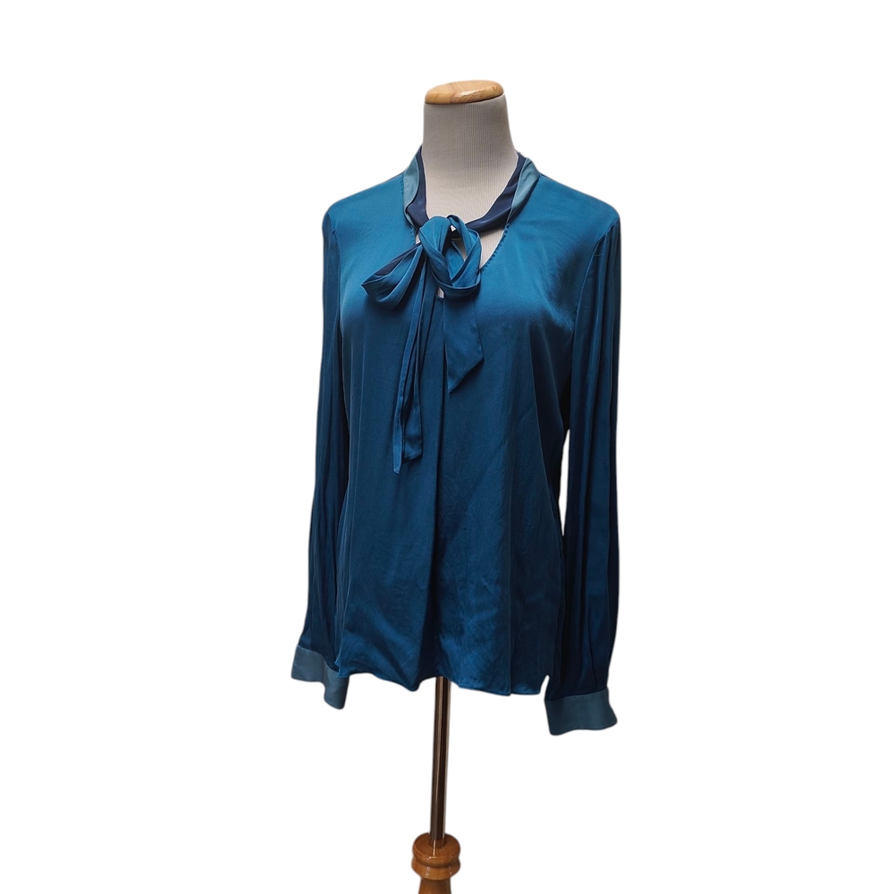 Silk Elie Tahari Blue Long Sleeve Tie Front Blouse